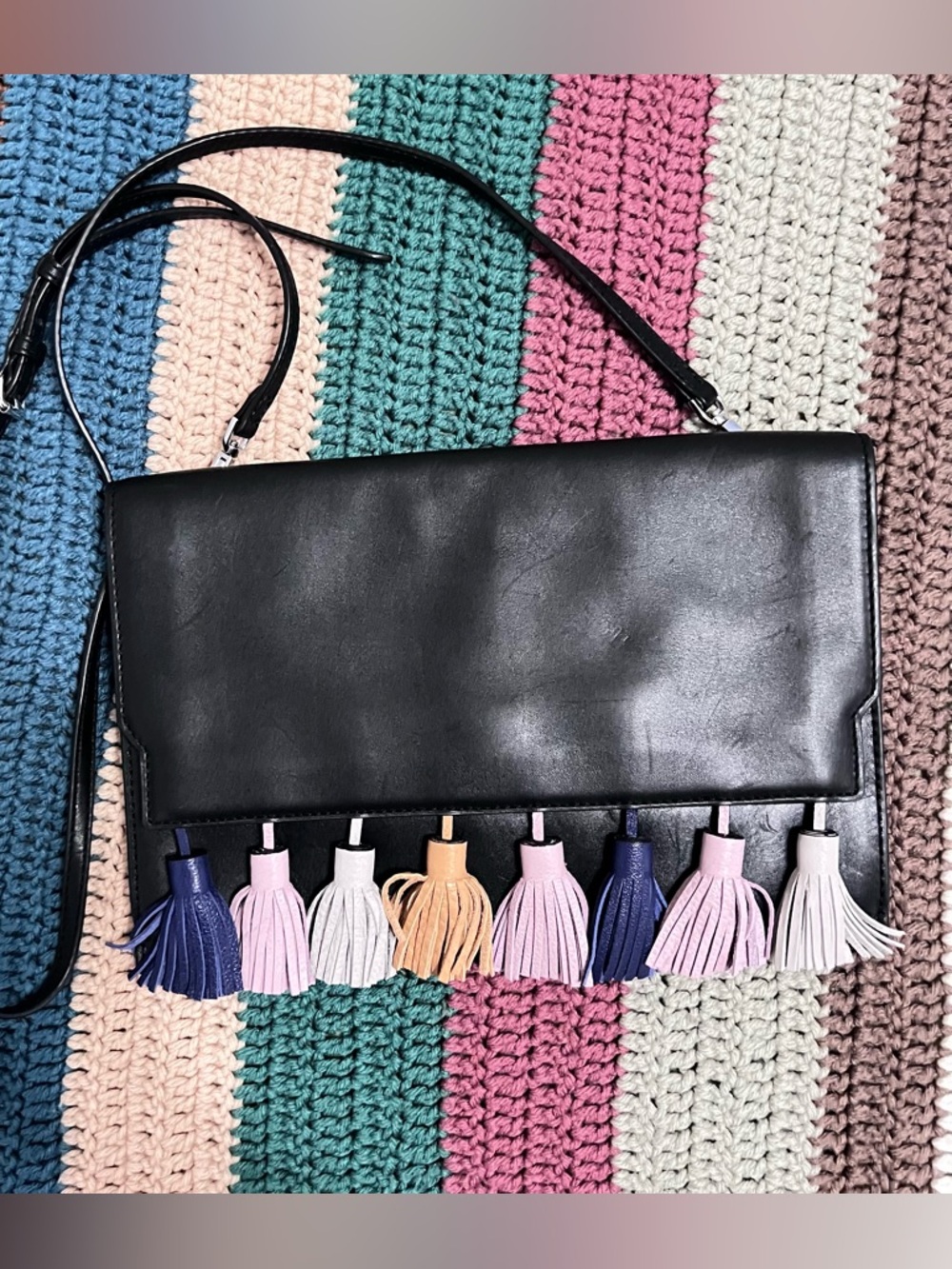 Rebecca Minkoff Black Leather Crossbody with Multicolor Tassels